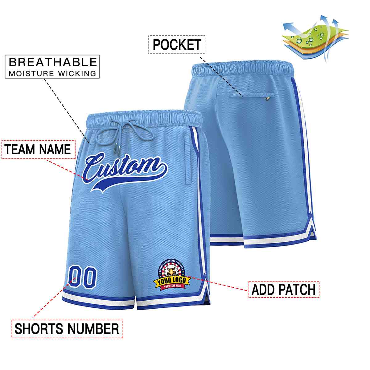 Custom Light Blue Royal-White Classic Style Basketball Mesh Shorts