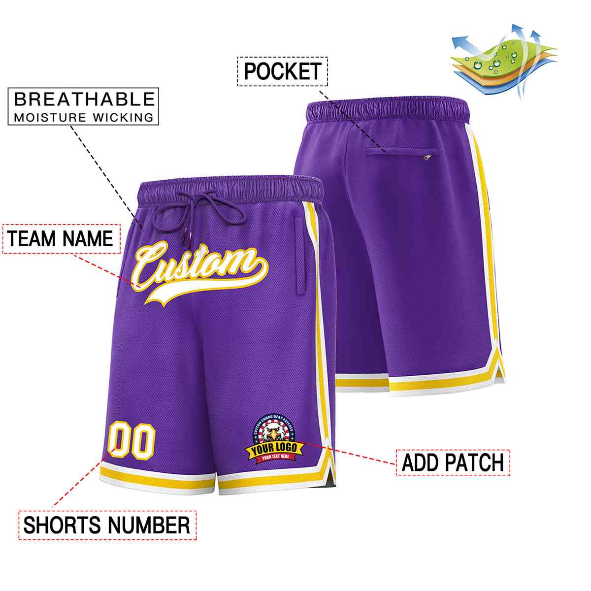 Short en maille de basket-ball de style classique violet blanc-or personnalisé