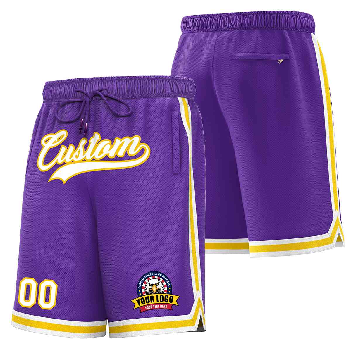 Short en maille de basket-ball de style classique violet blanc-or personnalisé