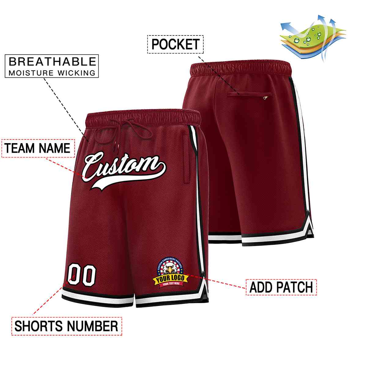 Custom Maroon White-Black Classic Style Basketball Mesh Shorts