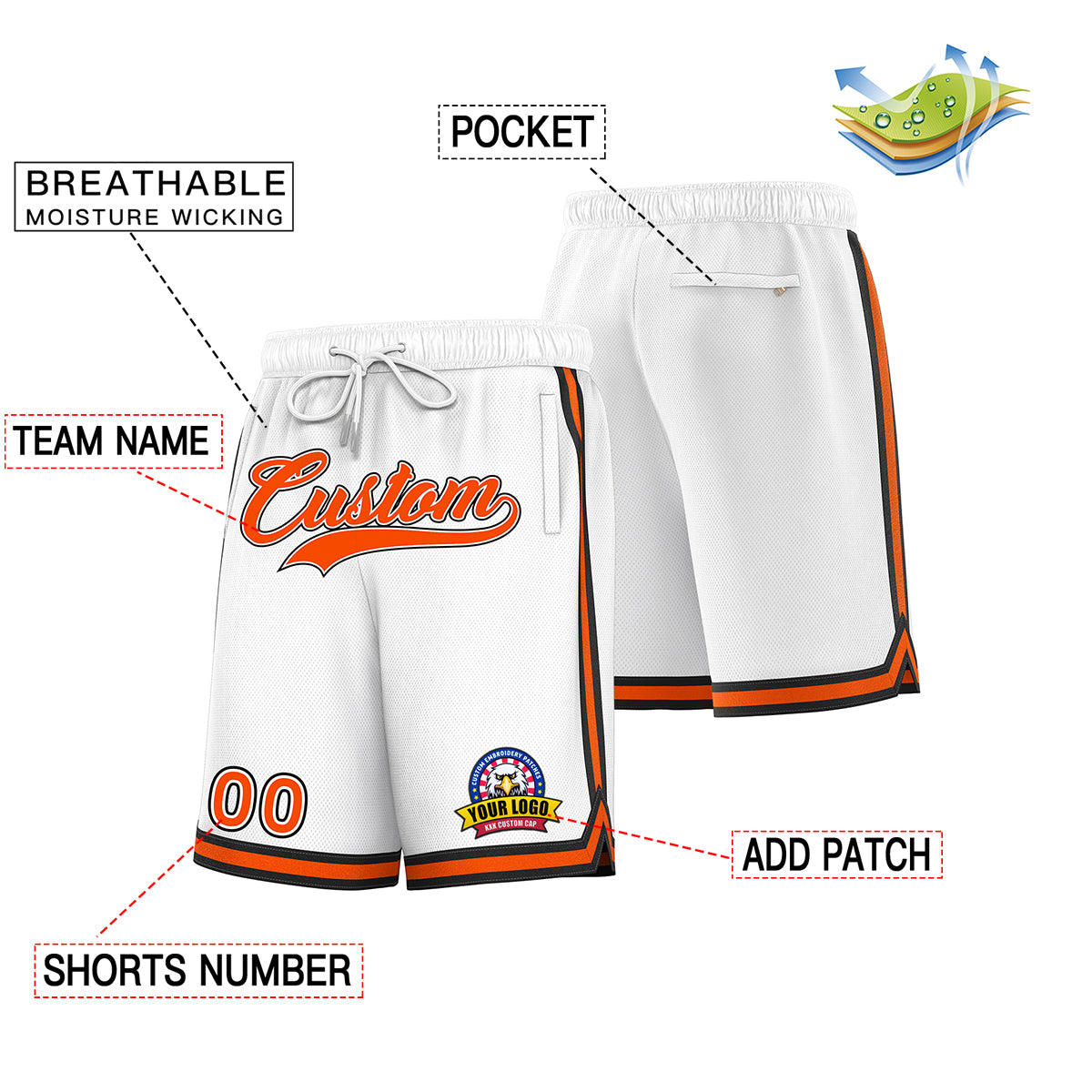 Custom White Orange Basketball Shorts