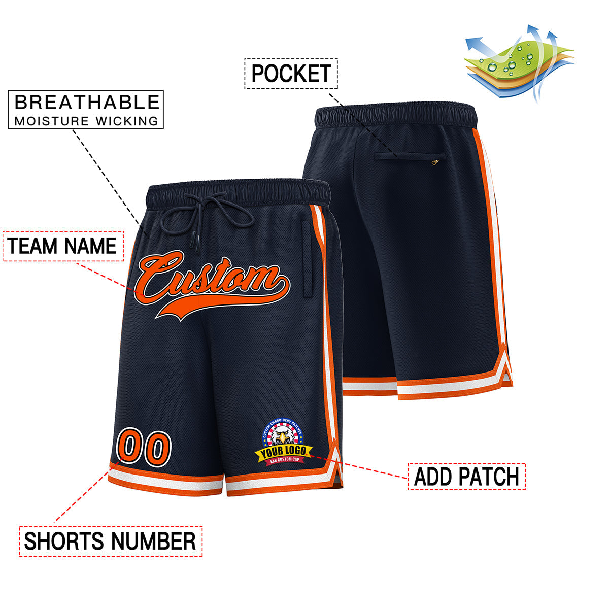 Short de basket personnalisé bleu marine orange-blanc