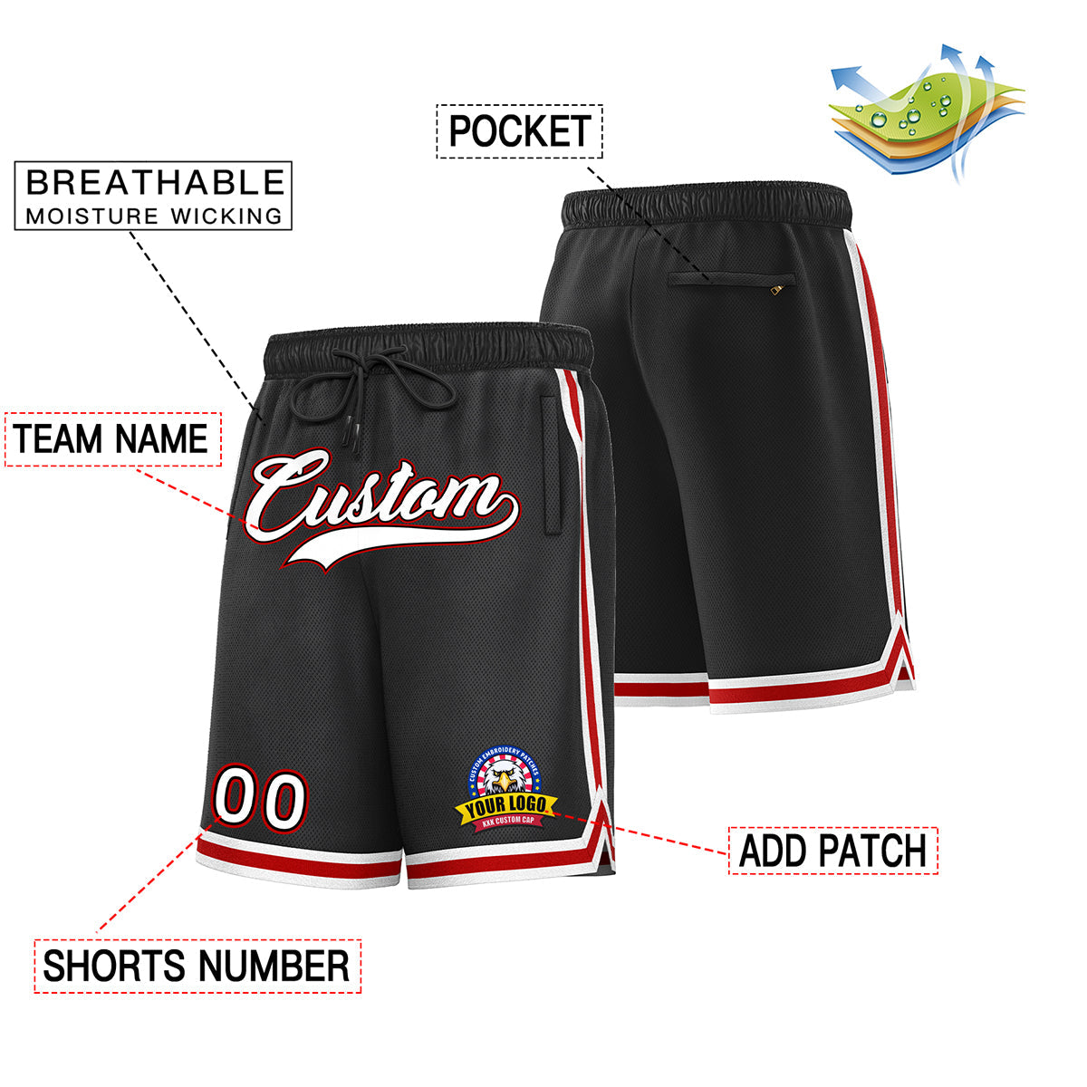 Custom Black White Red Basketball Shorts