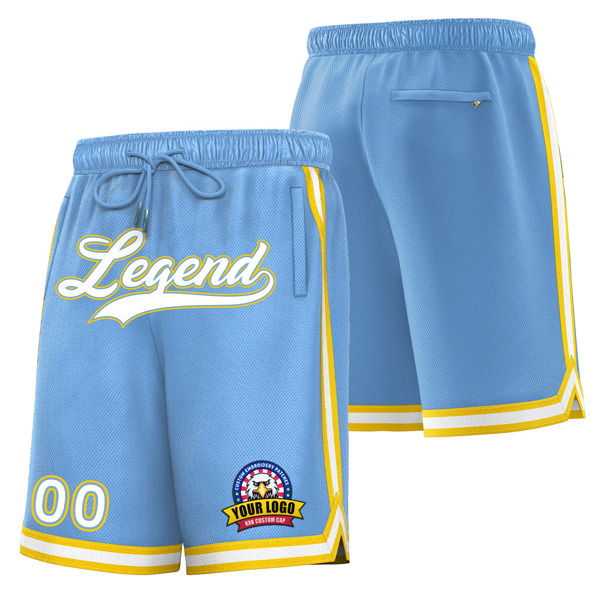 Short de basket personnalisé bleu poudre blanc jaune