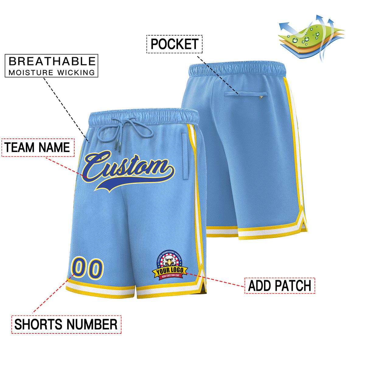 Short de basket-ball bleu jaune personnalisé