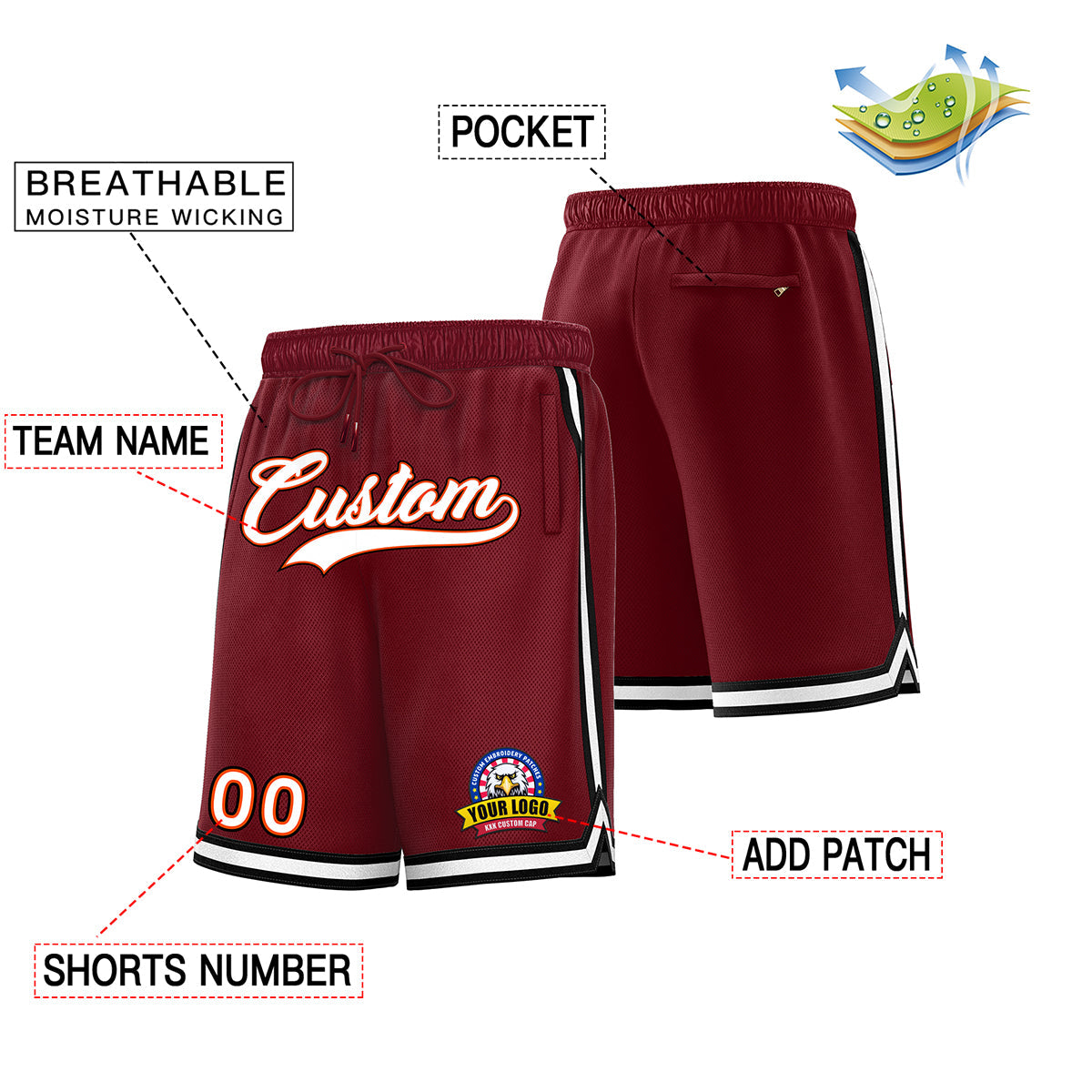 Custom Maroon White Basketball Shorts