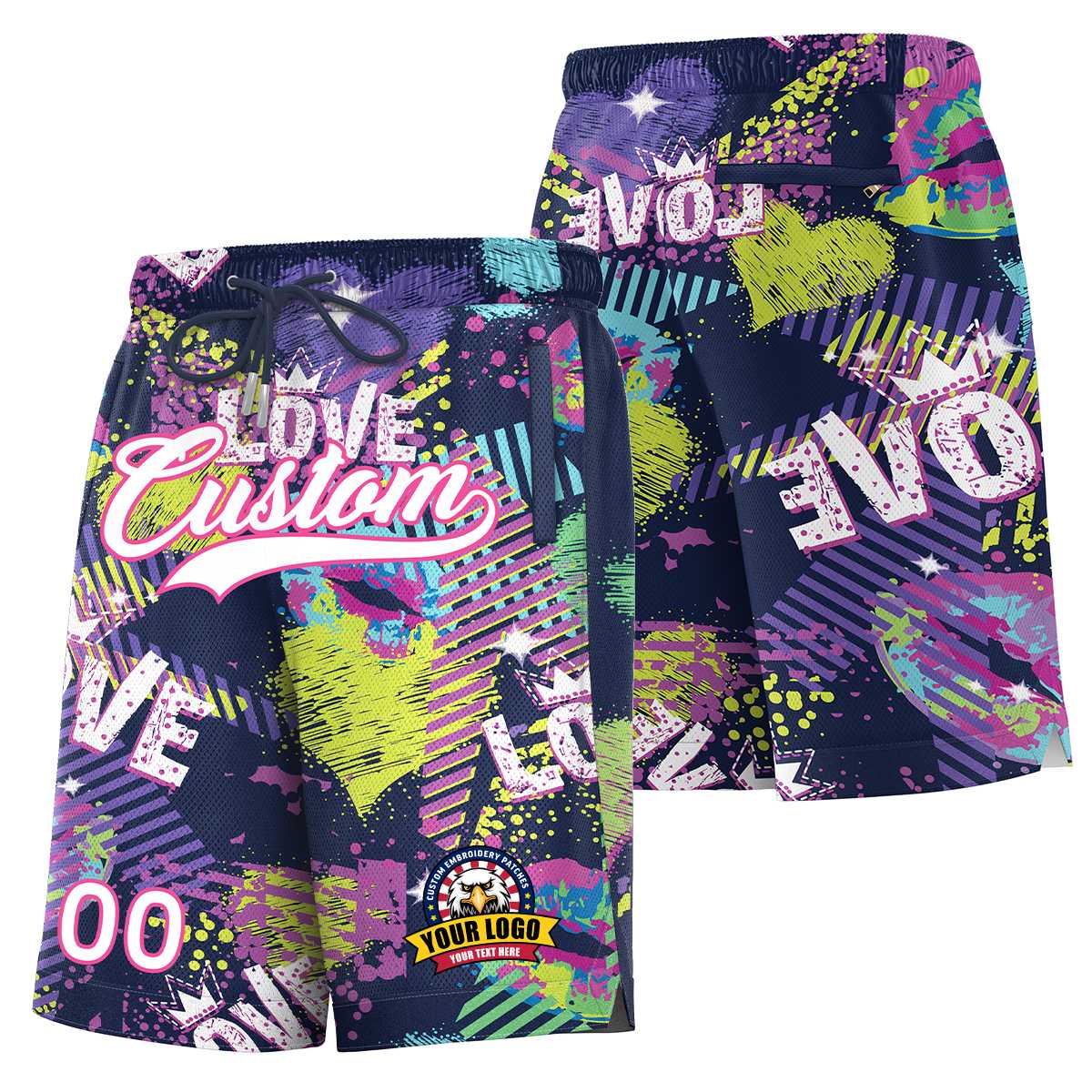 Custom White Pink Font Personalized Graffiti Pattern Shorts