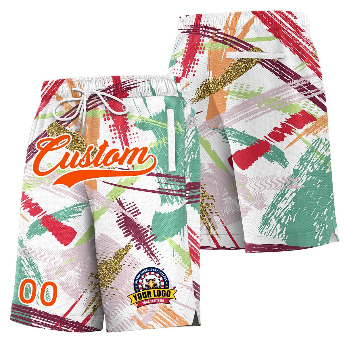 Short à motif de graffiti personnalisé avec police blanche et orange personnalisée