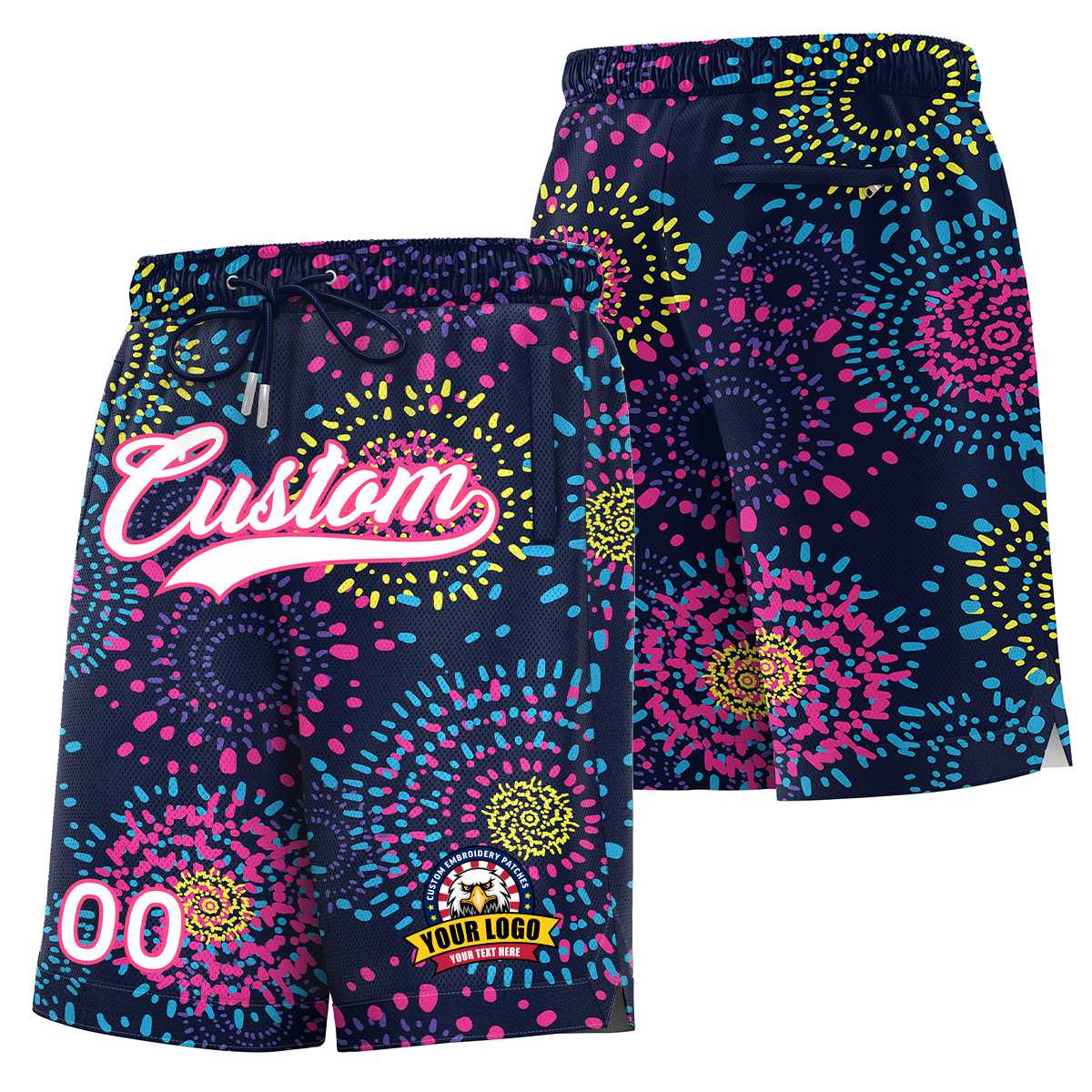 Short personnalisé à motif graffiti personnalisé avec police blanc-rose marine