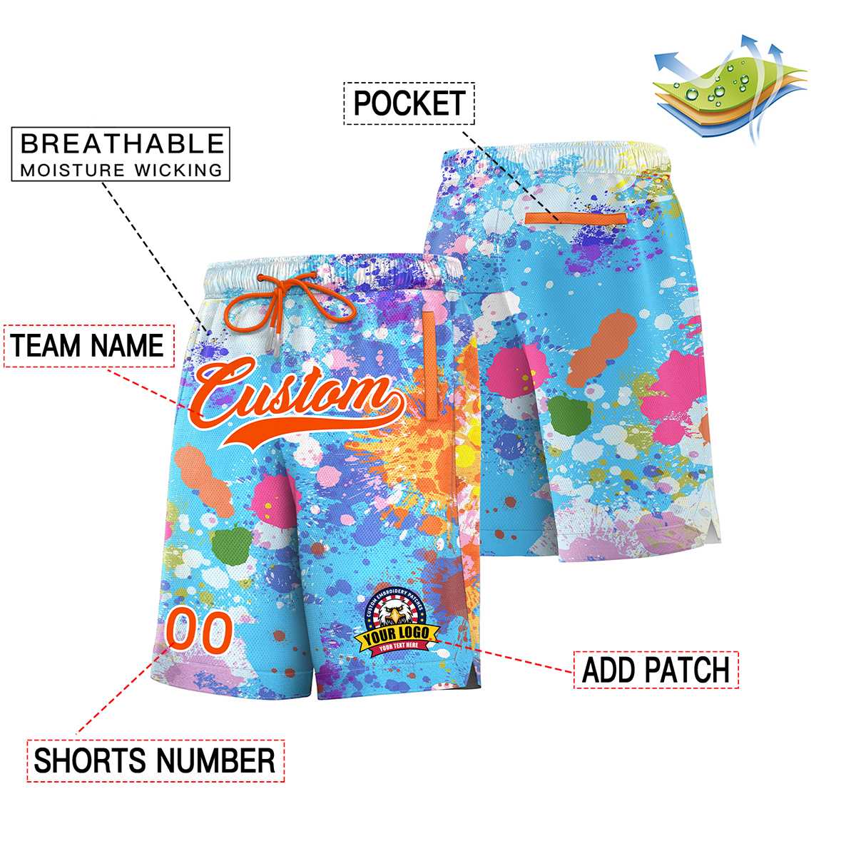 Custom Powder Blue Orange-White Font Personalized Graffiti Pattern Shorts