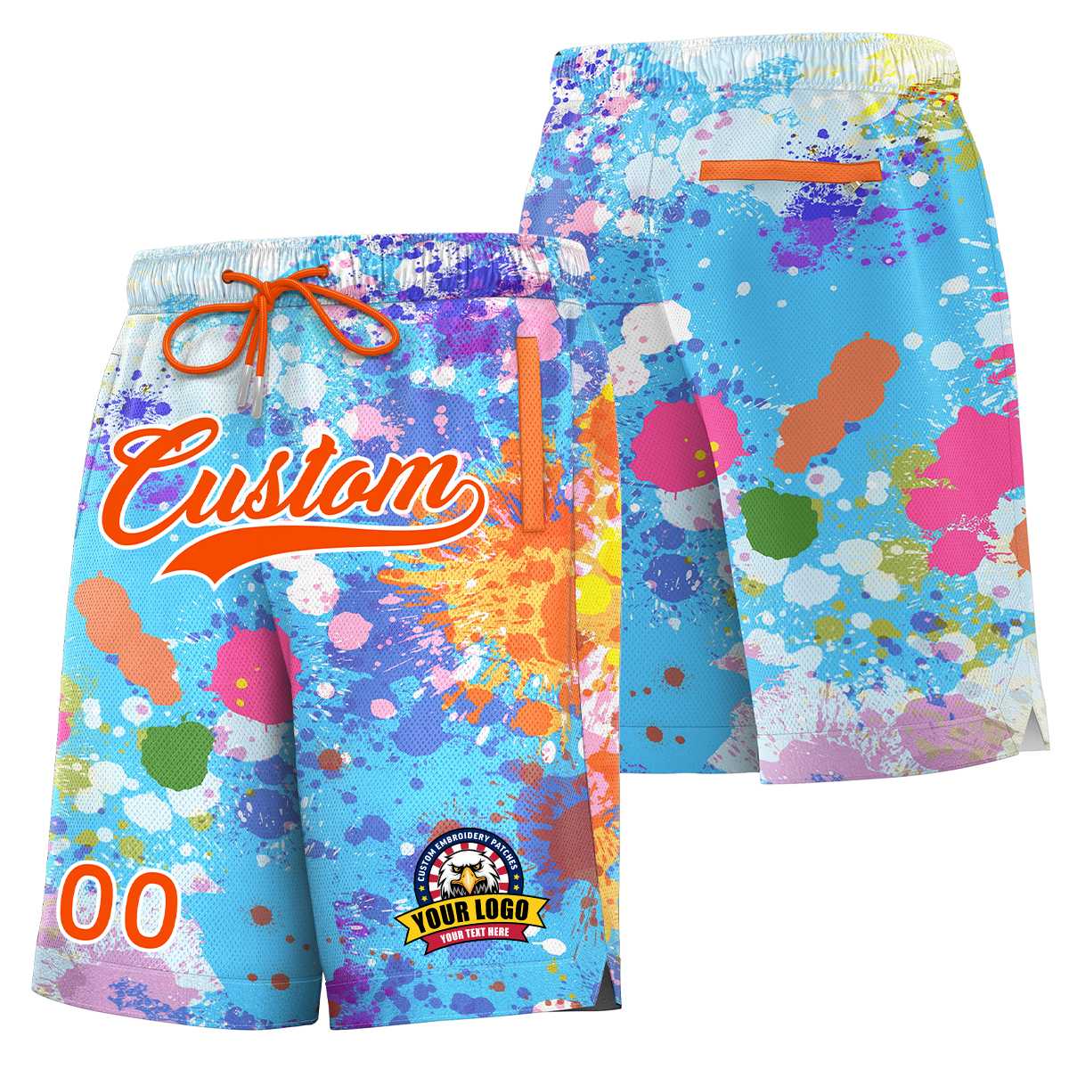 Short à motif graffiti personnalisé, bleu poudre orange-blanc personnalisé