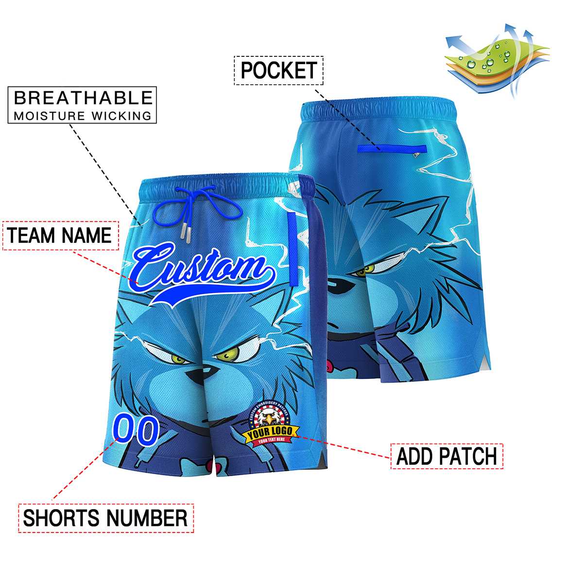 Short personnalisé à motif graffiti personnalisé avec police blanche royale