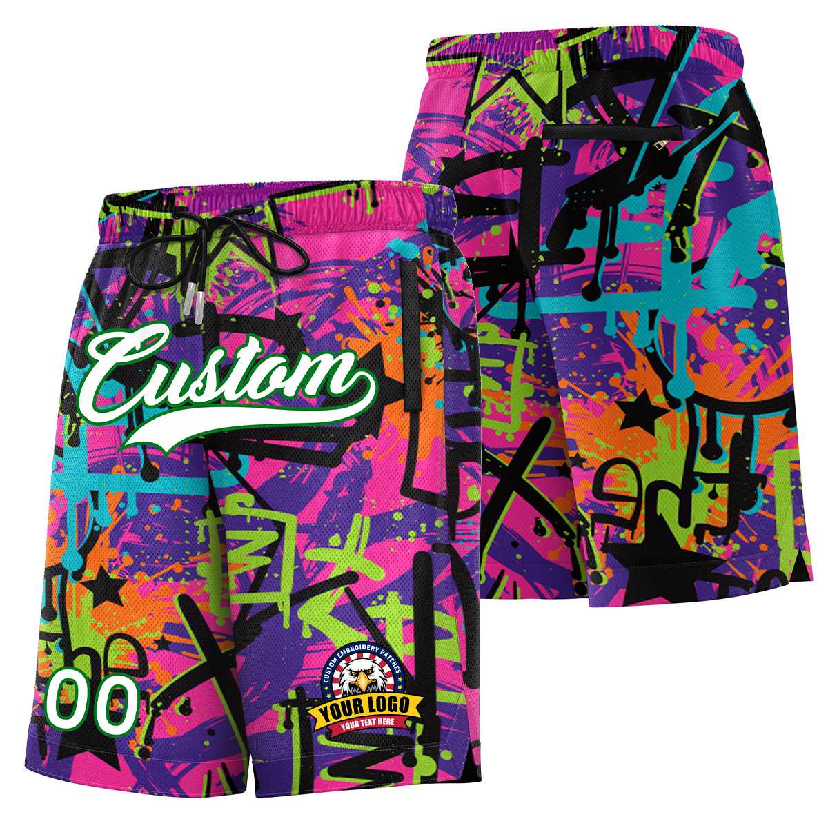 Custom Purple White Green Font Personalized Graffiti Pattern Shorts