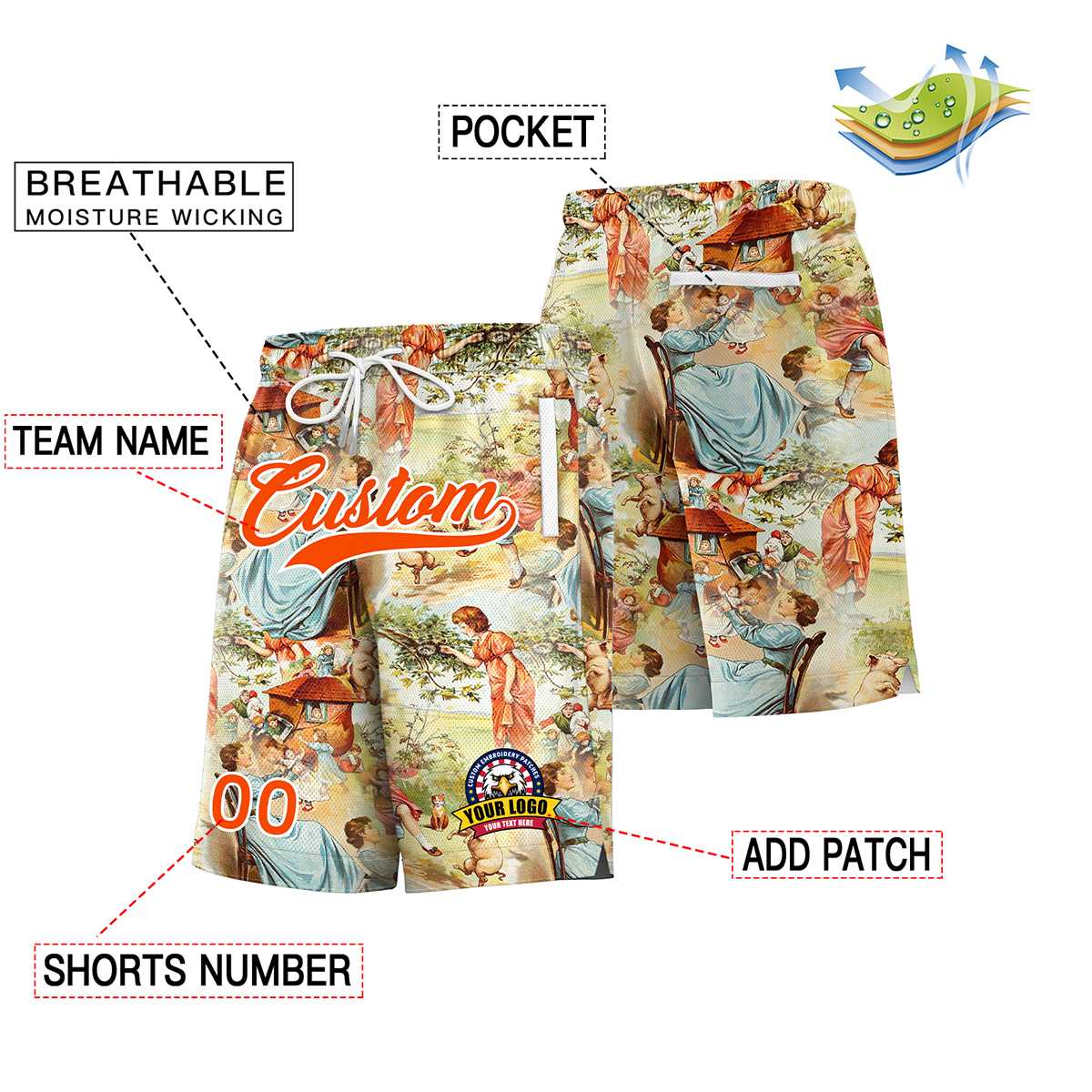 Short à motif de graffiti personnalisé avec police blanche orange personnalisée