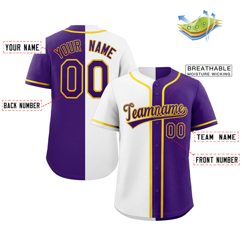 Custom Purple White-Yellow Split Fashion Authentic Baseball Jersey