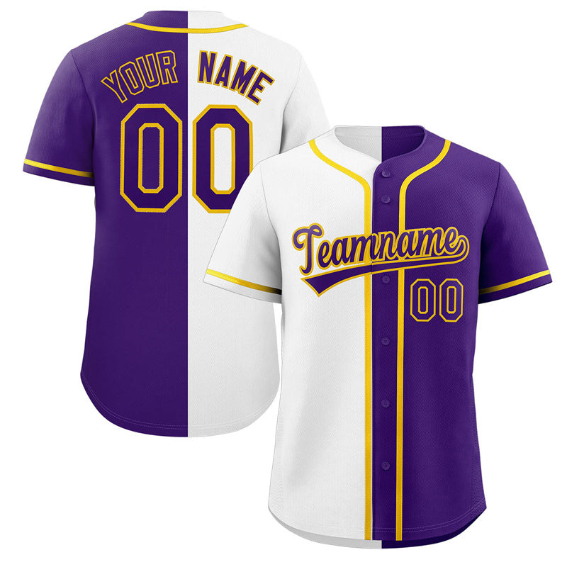 Custom Purple White-Yellow Split Fashion Authentic Baseball Jersey