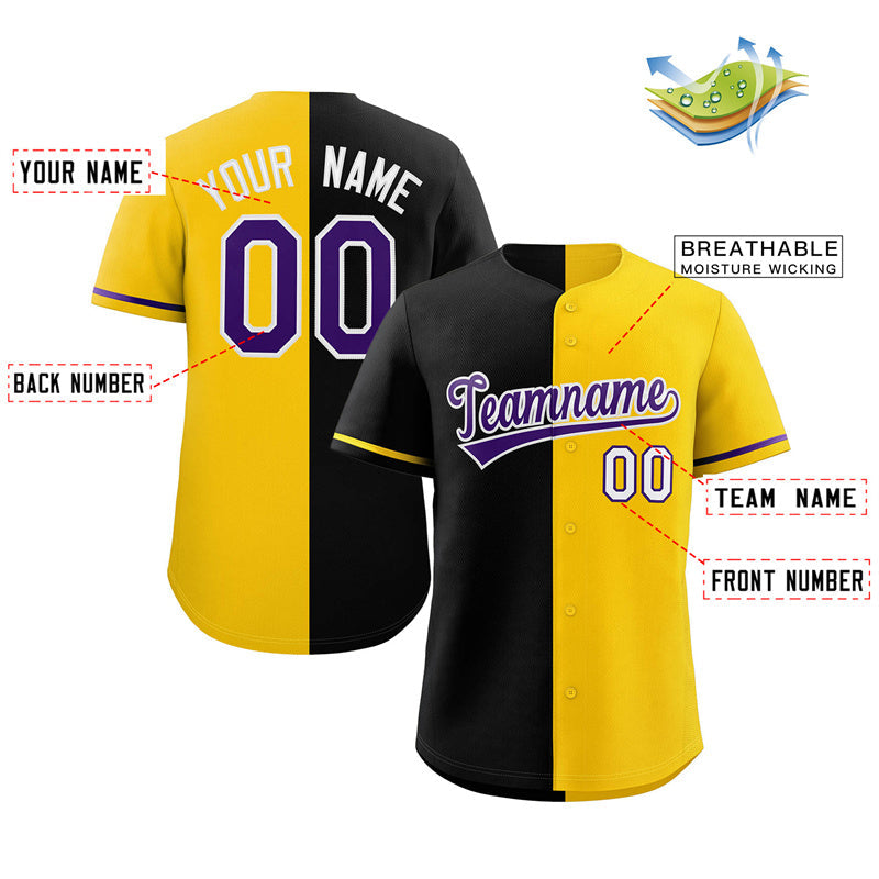 Custom Gold Black-Purple Split Fashion Authentic Baseball Jersey