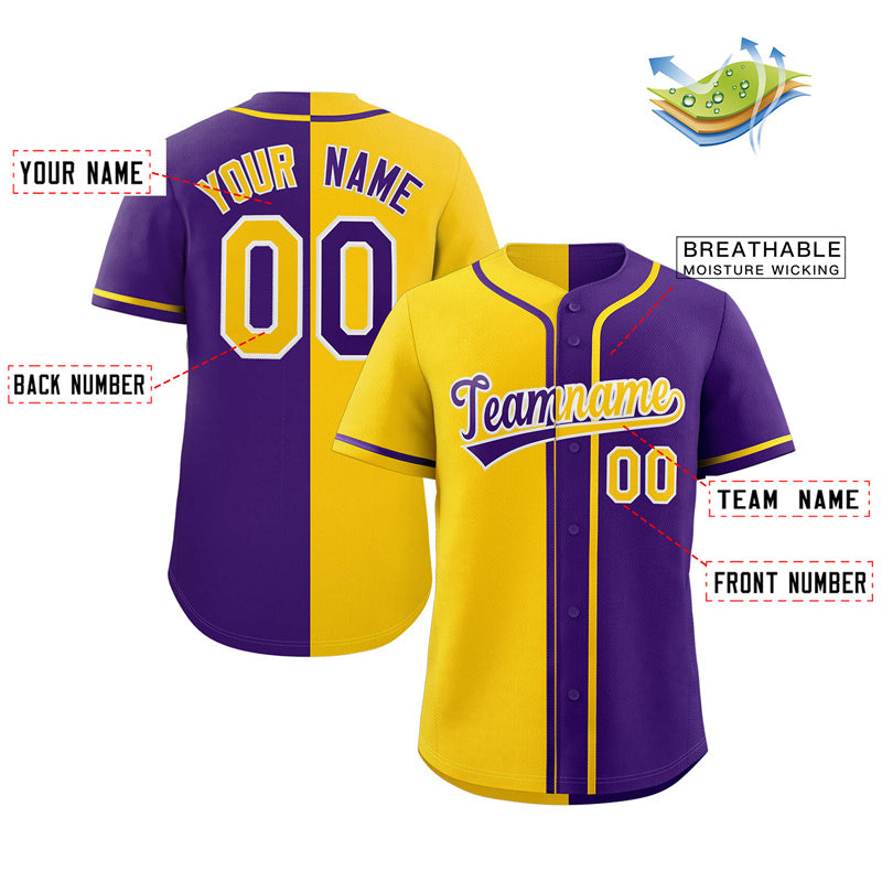 Custom Purple Gold-White Split Fashion Authentic Baseball Jersey