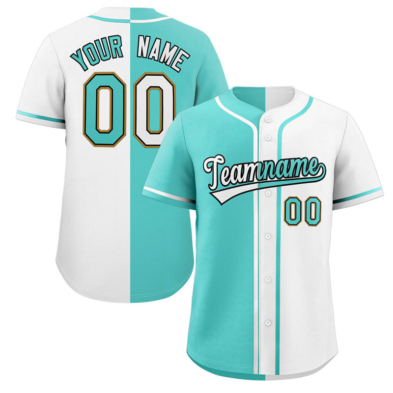 Maillot de baseball authentique, personnalisé, blanc, Aqua-noir, fendu, Design de mode