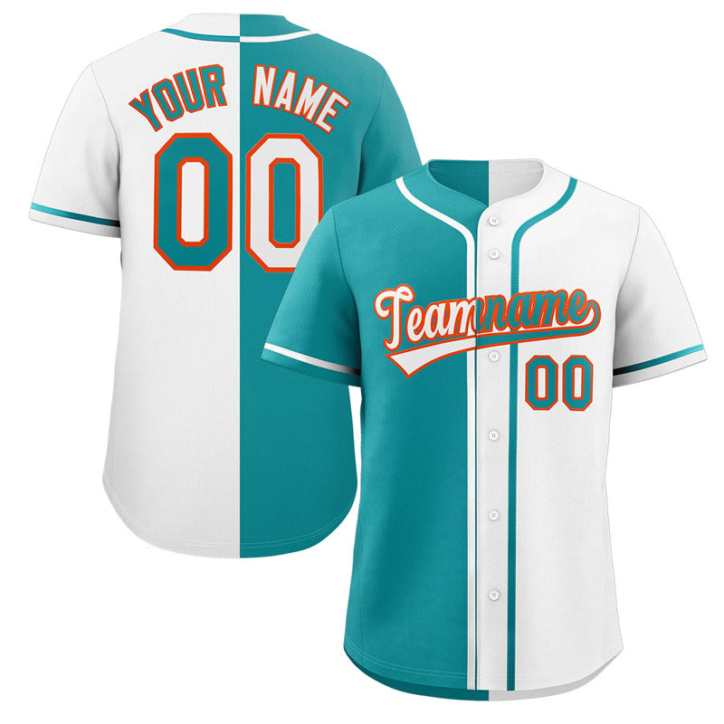 Custom White Aqua-Orange Hook Split Fashion Authentic Baseball Jersey