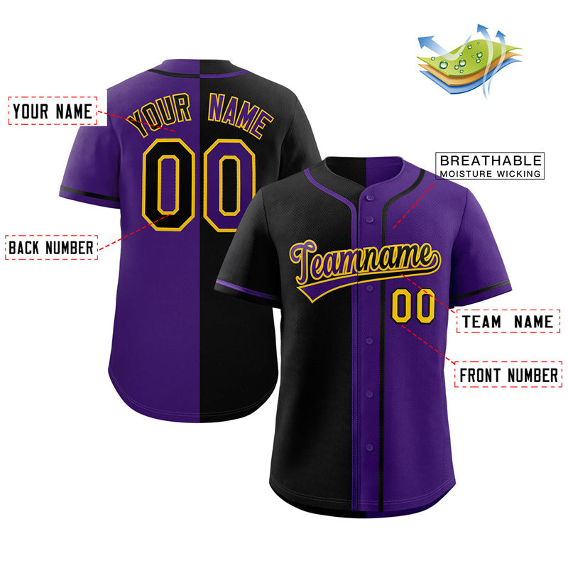 Maillot de baseball authentique, personnalisé, violet, noir et jaune, mode fendue