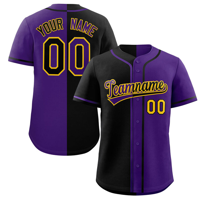 Maillot de baseball authentique, personnalisé, violet, noir et jaune, mode fendue