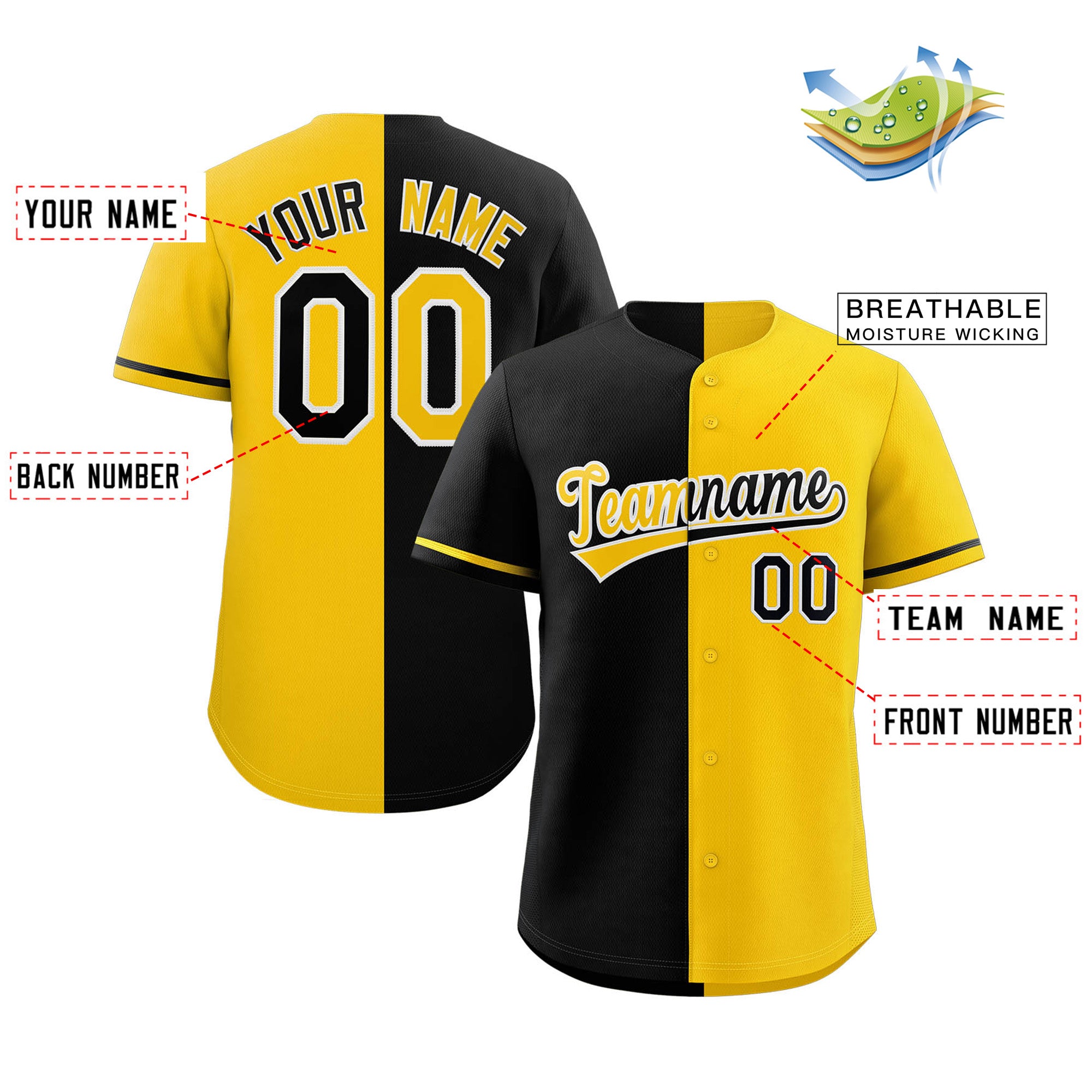 Maillot de baseball authentique, personnalisé, jaune, noir et blanc, mode fendue