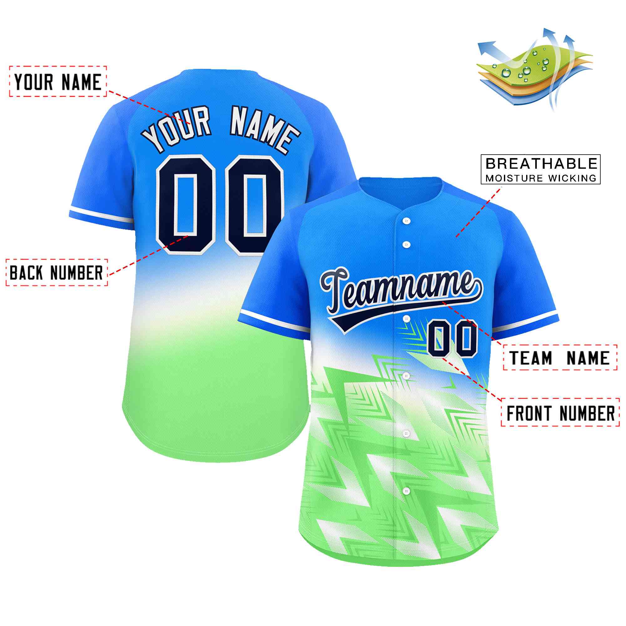 Maillot de baseball personnalisé, bleu clair, vert-blanc, dégradé, mode authentique