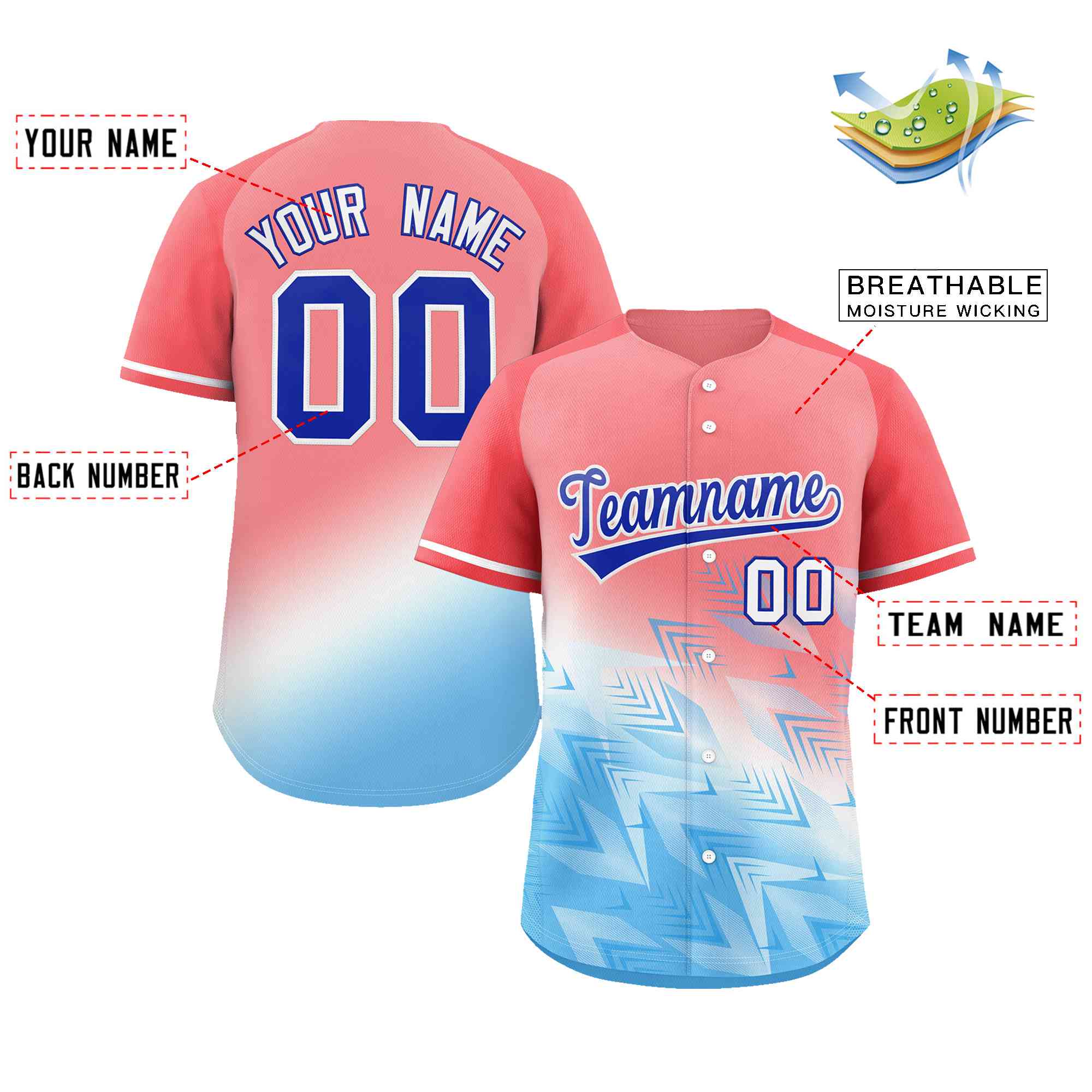 Custom Light Red Light Blue Royal-White Gradient Fashion Authentic Baseball Jersey