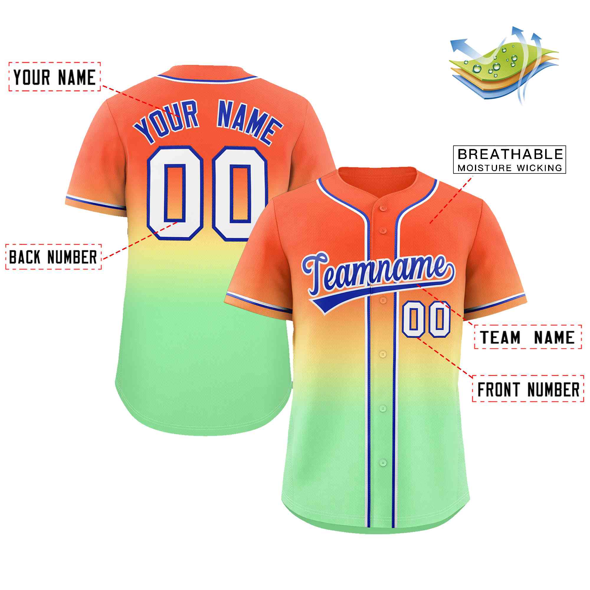 Maillot de Baseball authentique, personnalisé, Orange, vert néon, Royal-blanc, dégradé, mode, authentique