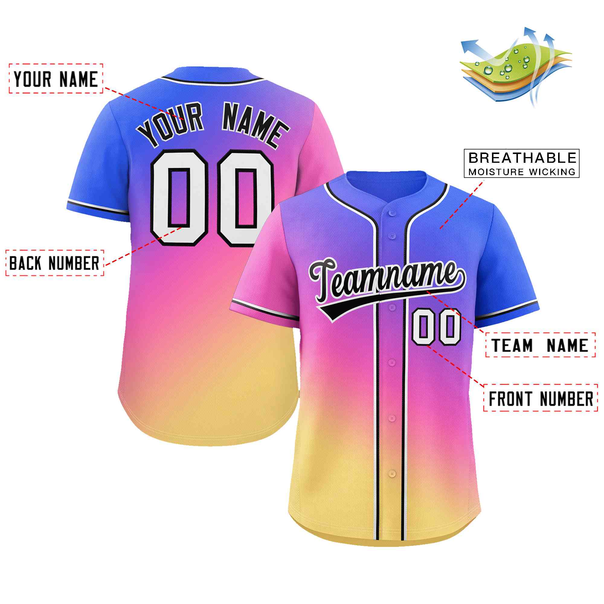 Maillot de baseball authentique personnalisé à la mode dégradé rose-jaune royal