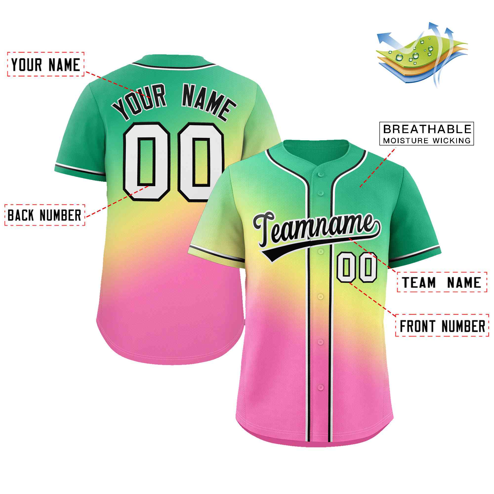 Maillot de baseball personnalisé Kelly vert jaune noir-blanc dégradé mode authentique