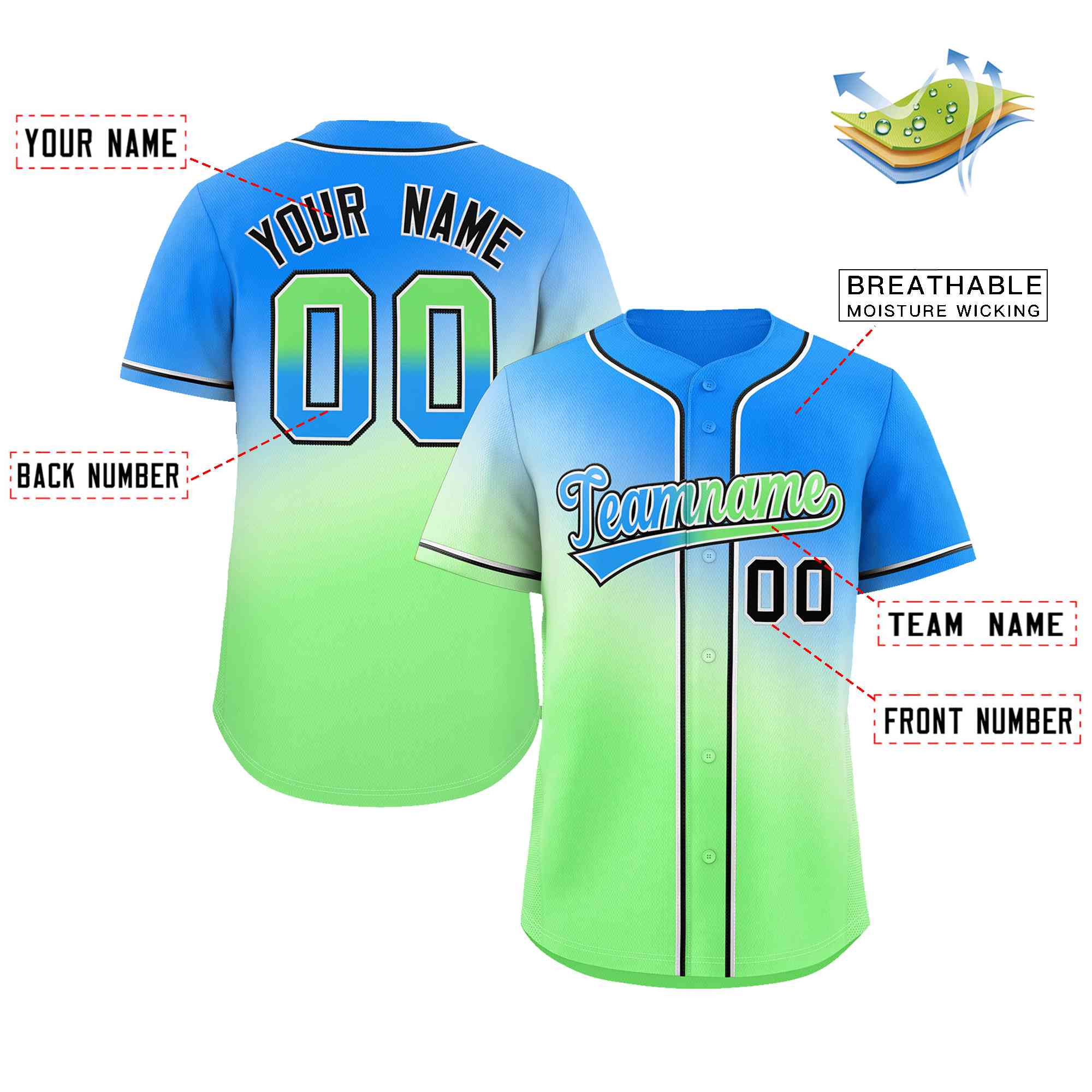 Custom Powder Blue Green Blue-White Gradient Fashion Authentic Baseball Jersey