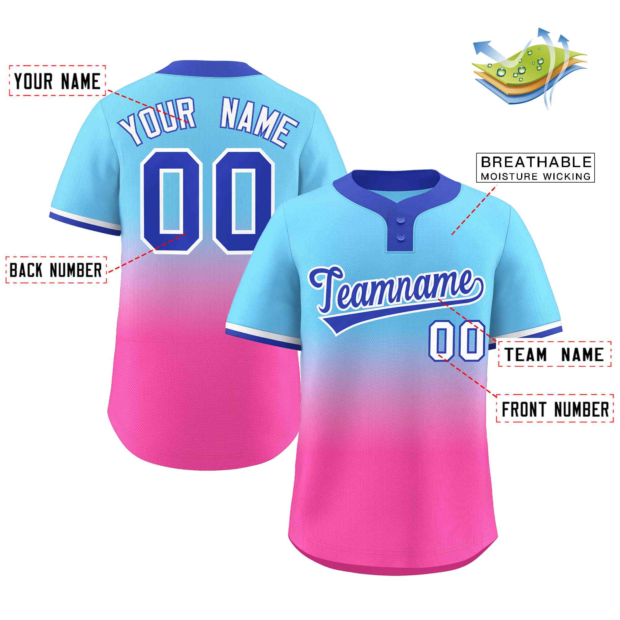 Custom Light Blue Pink Royal-White Gradient Fashion Authentic Two-Button Baseball Jersey