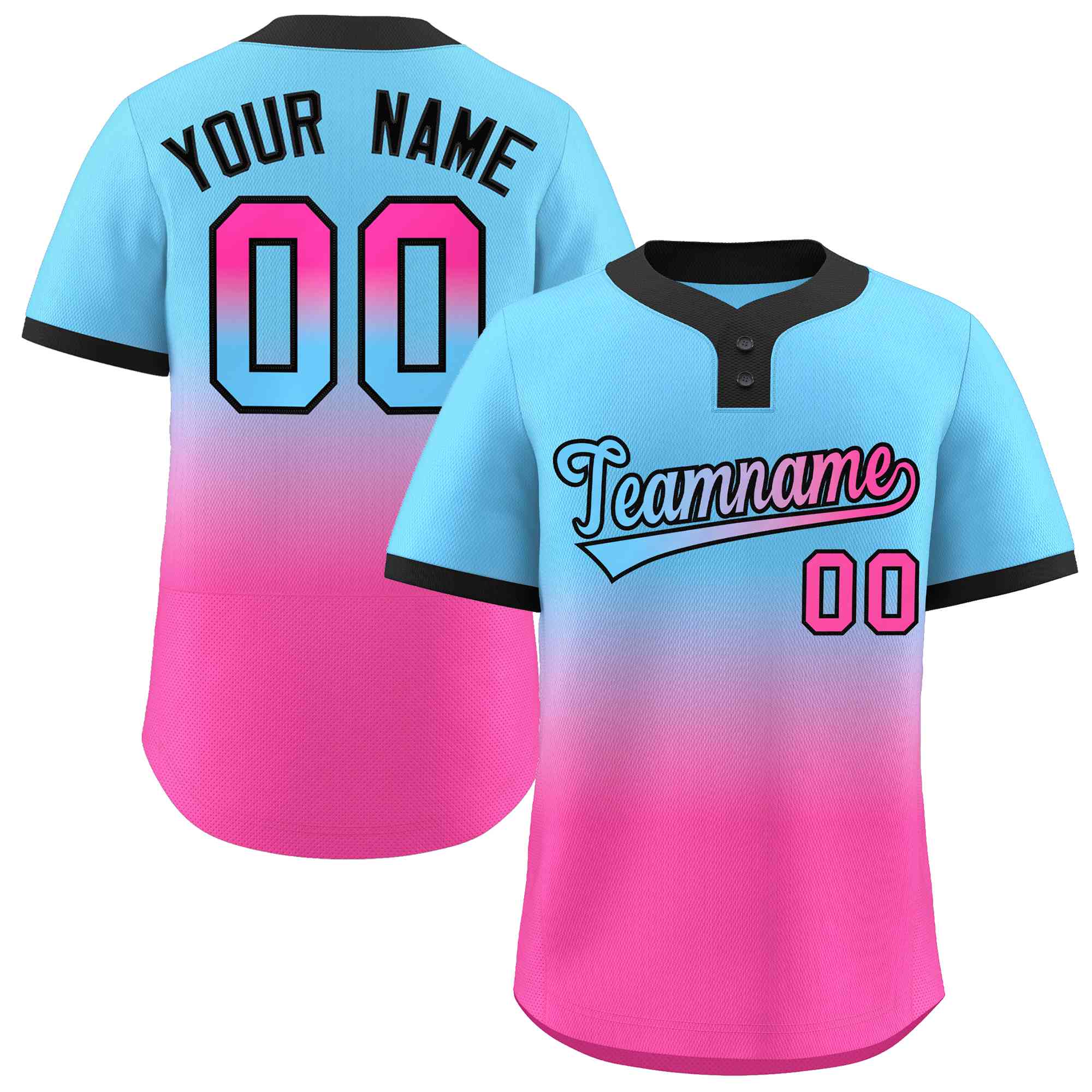 Custom Light Blue Pink Light Blue-Black Gradient Fashion Authentic Two-Button Baseball Jersey