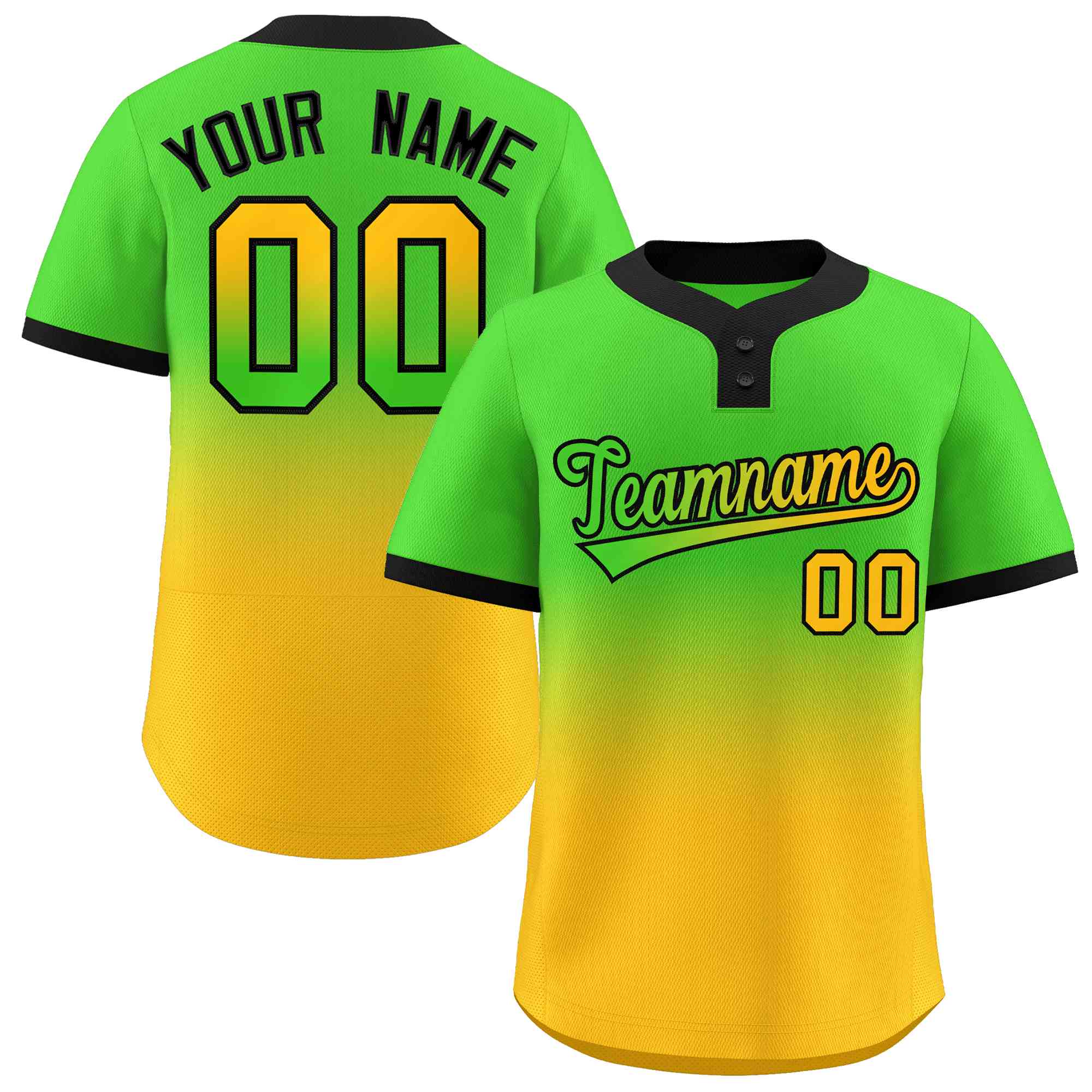 Maillot de baseball personnalisé à deux boutons, personnalisé, vert néon, or, vert-noir, dégradé, mode, authentique, à deux boutons