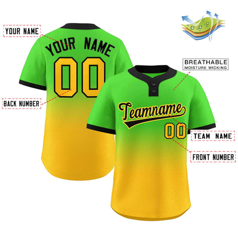 Custom Neon Green Gold Black-Gold Gradient Fashion Authentic Two-Button Baseball Jersey