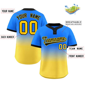 Custom Light Blue Gold Black-Gold Gradient Fashion Authentic Two-Button Baseball Jersey