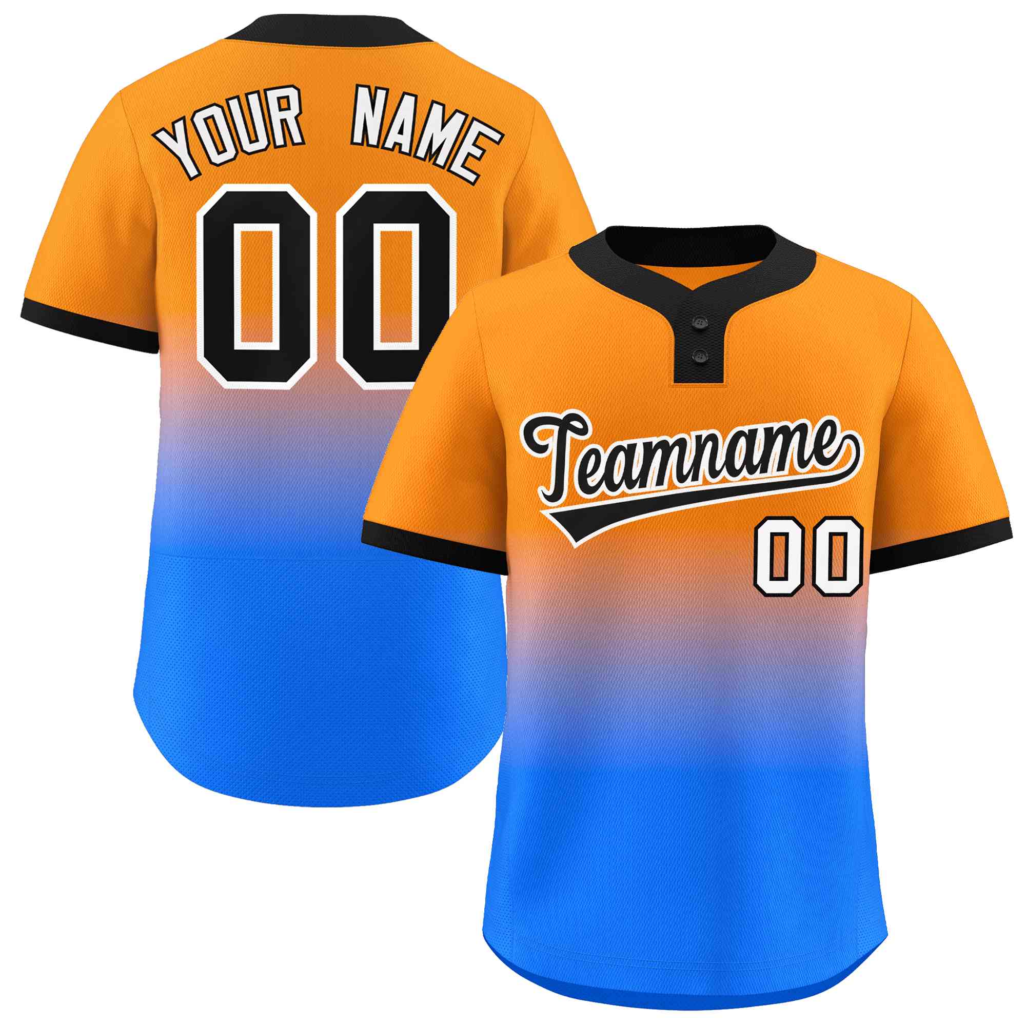 Maillot de baseball personnalisé à deux boutons, personnalisé, Orange, bleu poudre, noir et blanc, dégradé, mode, authentique