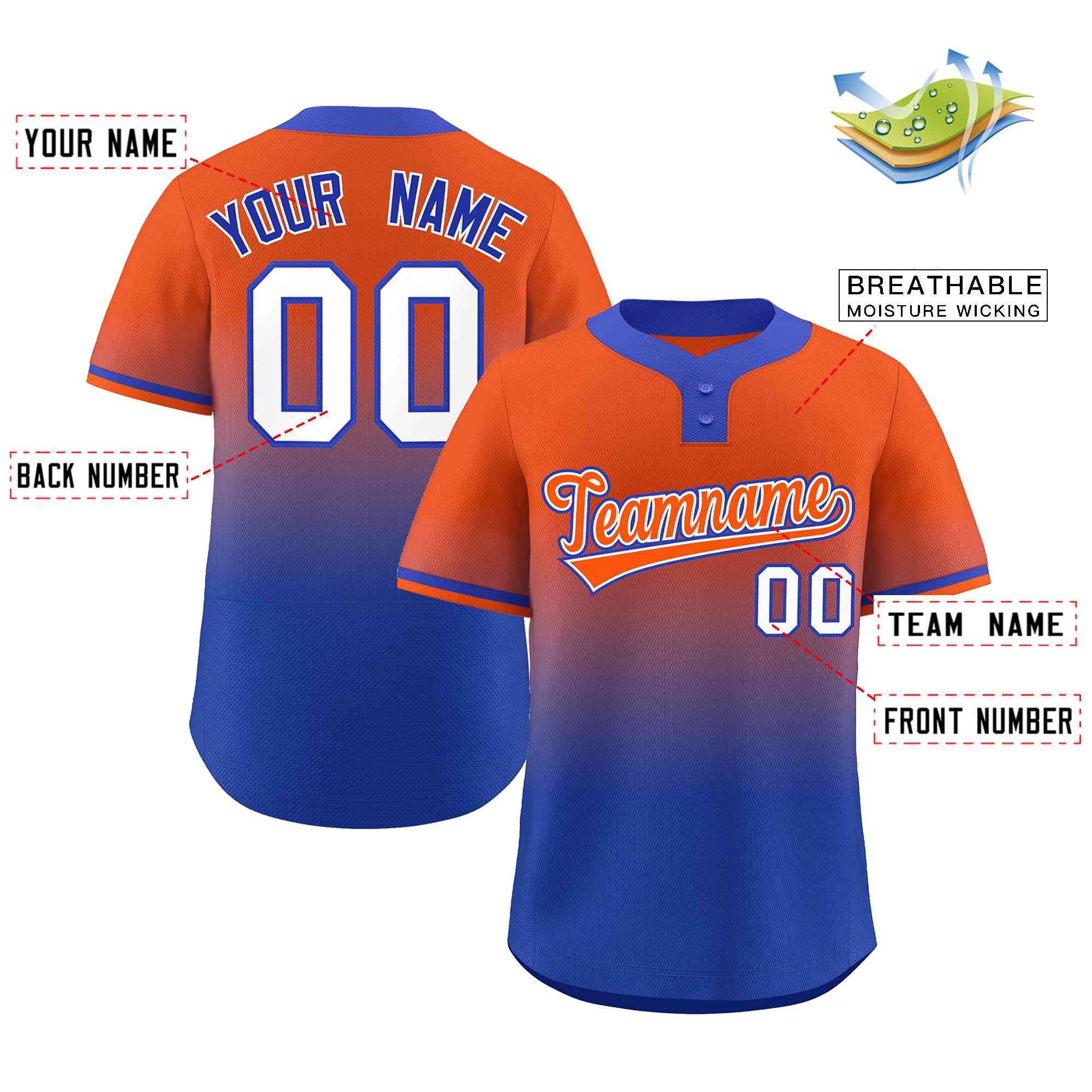 Custom Orange Royal Orange-White Gradient Fashion Authentic Two-Button Baseball Jersey