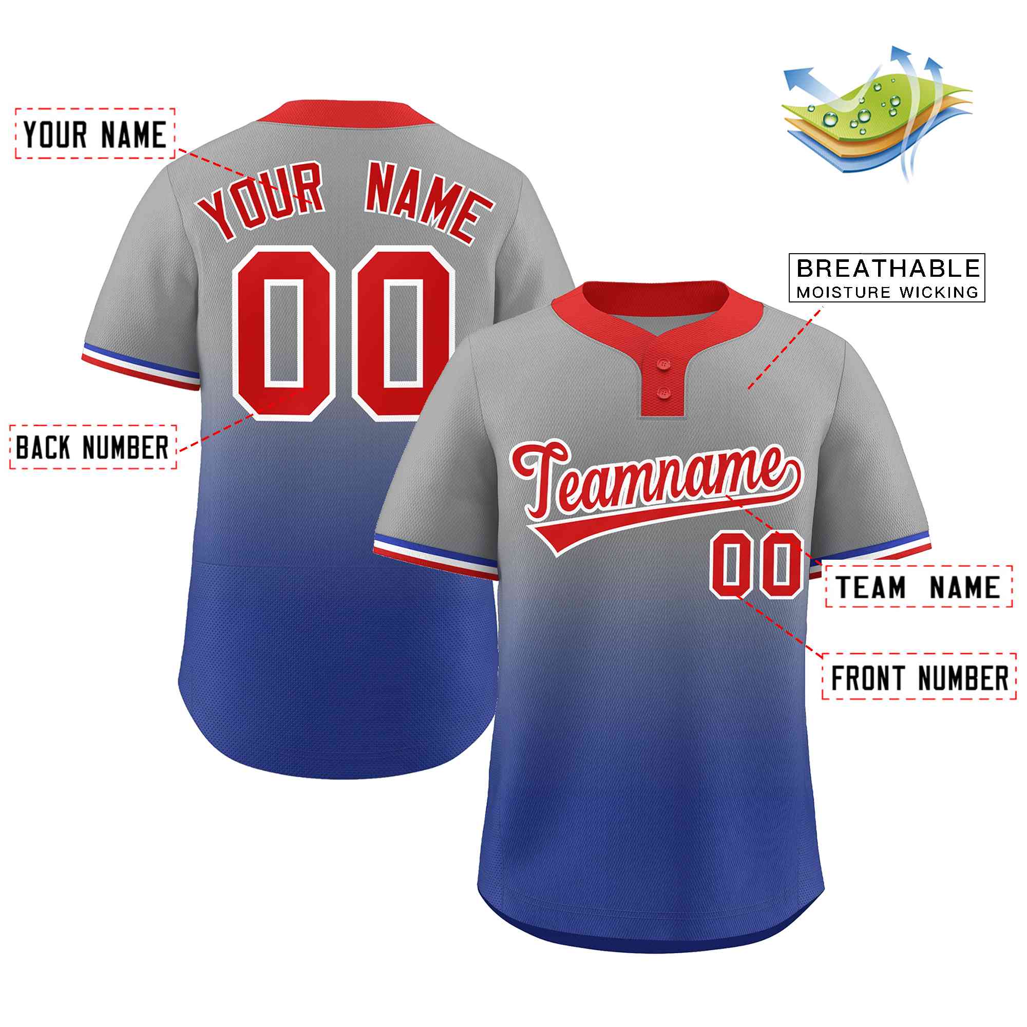 Custom Gray Royal Red-White Gradient Fashion Authentic Two-Button Baseball Jersey