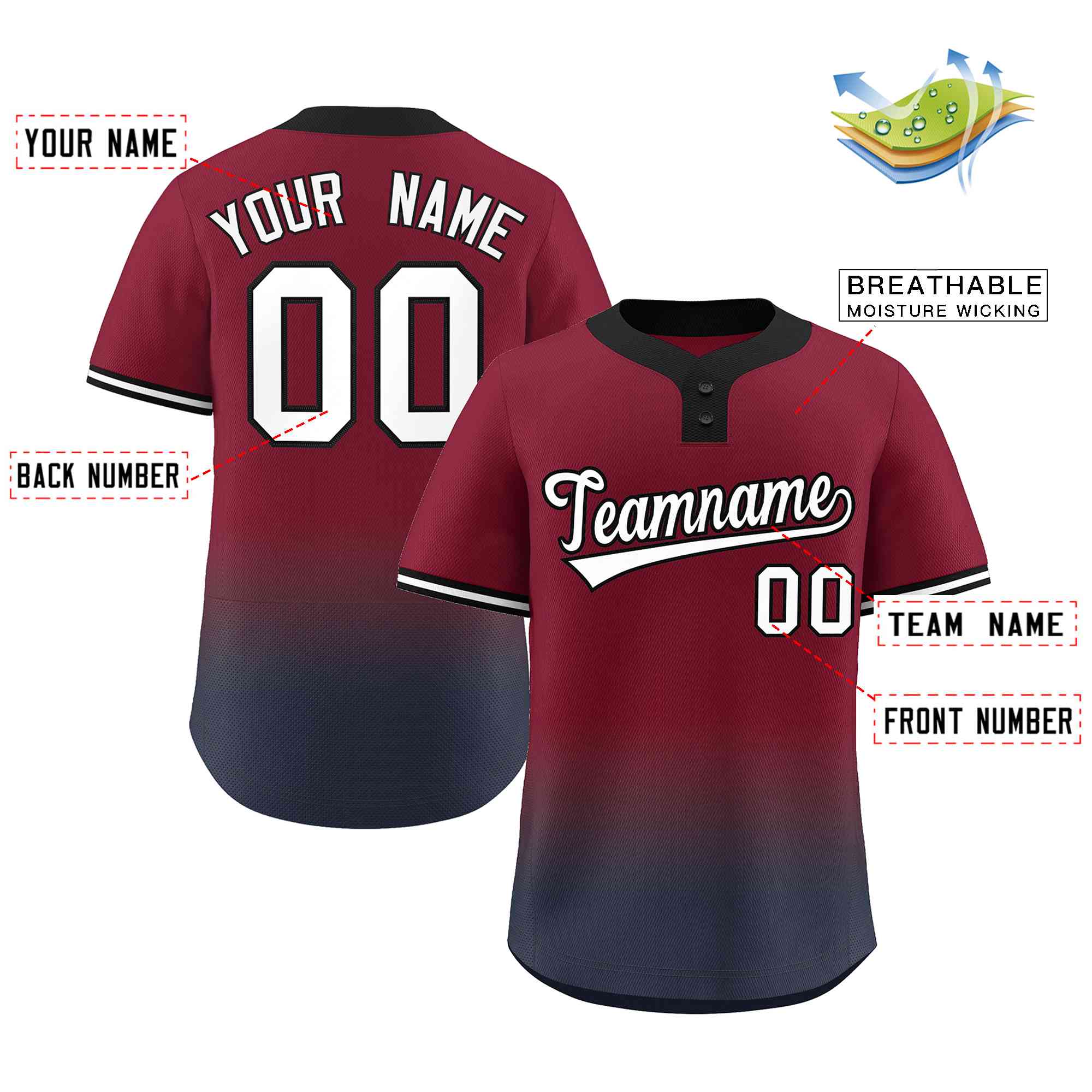 Custom Crimson Navy White-Black Gradient Fashion Authentic Two-Button Baseball Jersey