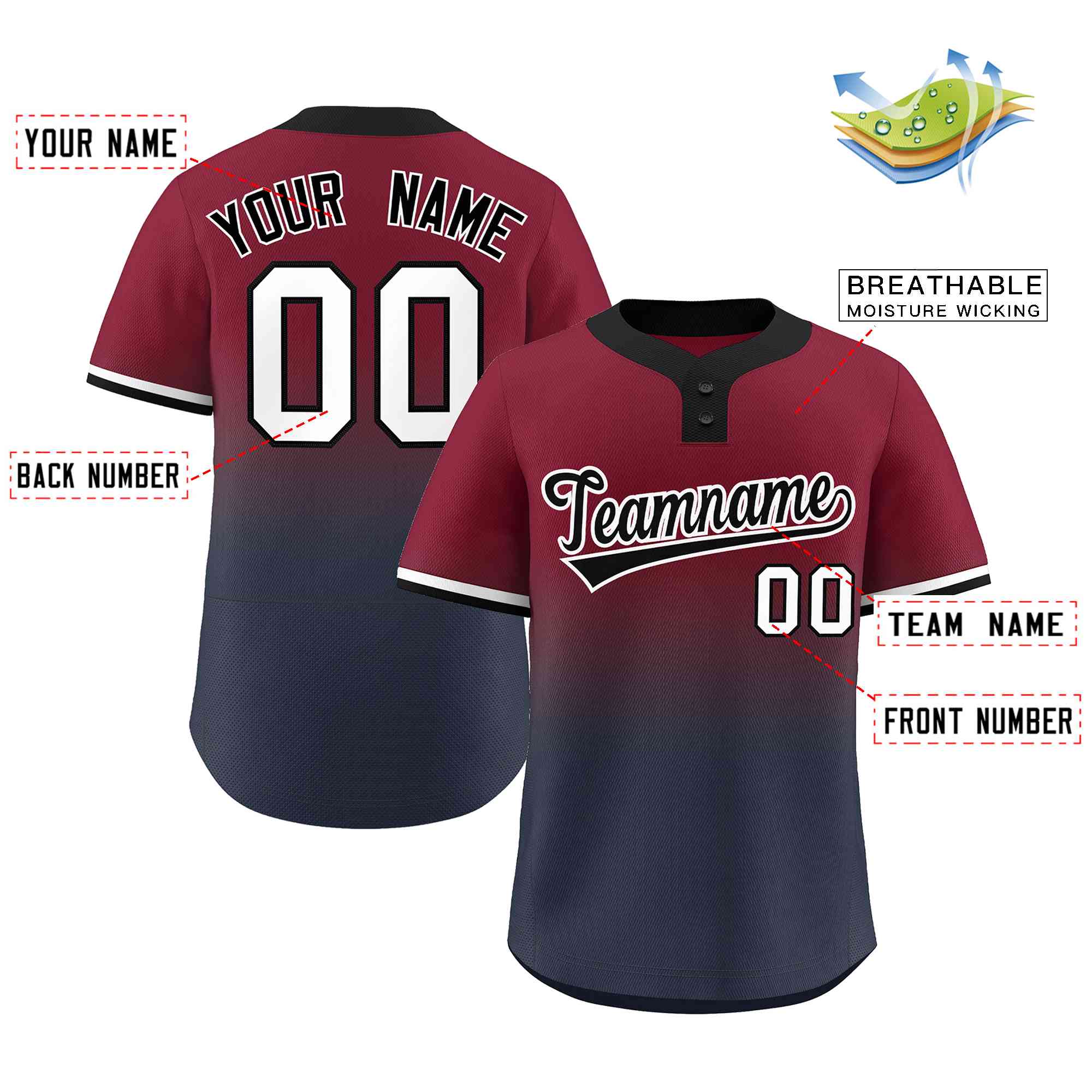 Custom Crimson Navy Black-White Gradient Fashion Authentic Two-Button Baseball Jersey