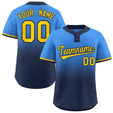 Custom Powder Blue Navy Gold-Navy Gradient Fashion Authentic Two-Button Baseball Jersey