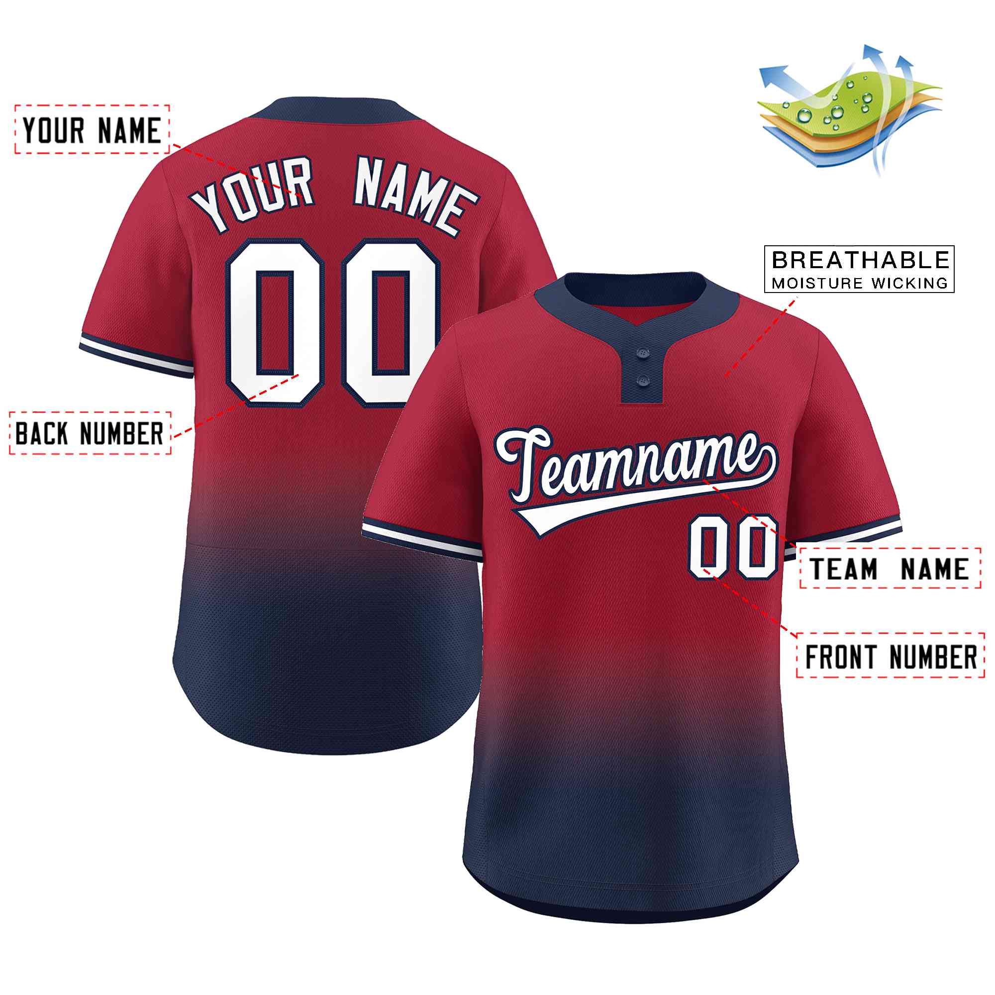 Custom Crimson Navy White-Navy Gradient Fashion Authentic Two-Button Baseball Jersey