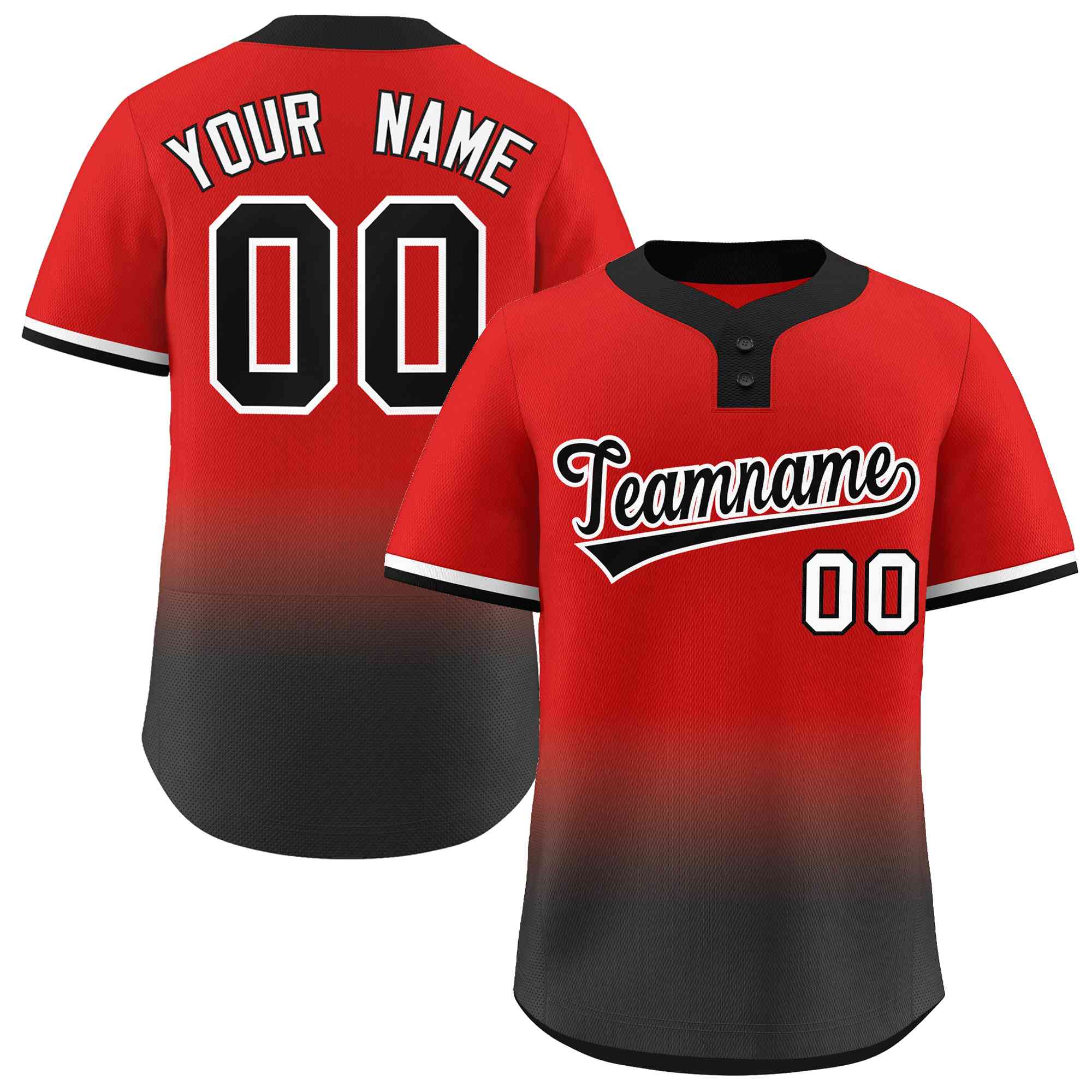 Maillot de baseball personnalisé à deux boutons, dégradé rouge noir noir-blanc, mode authentique