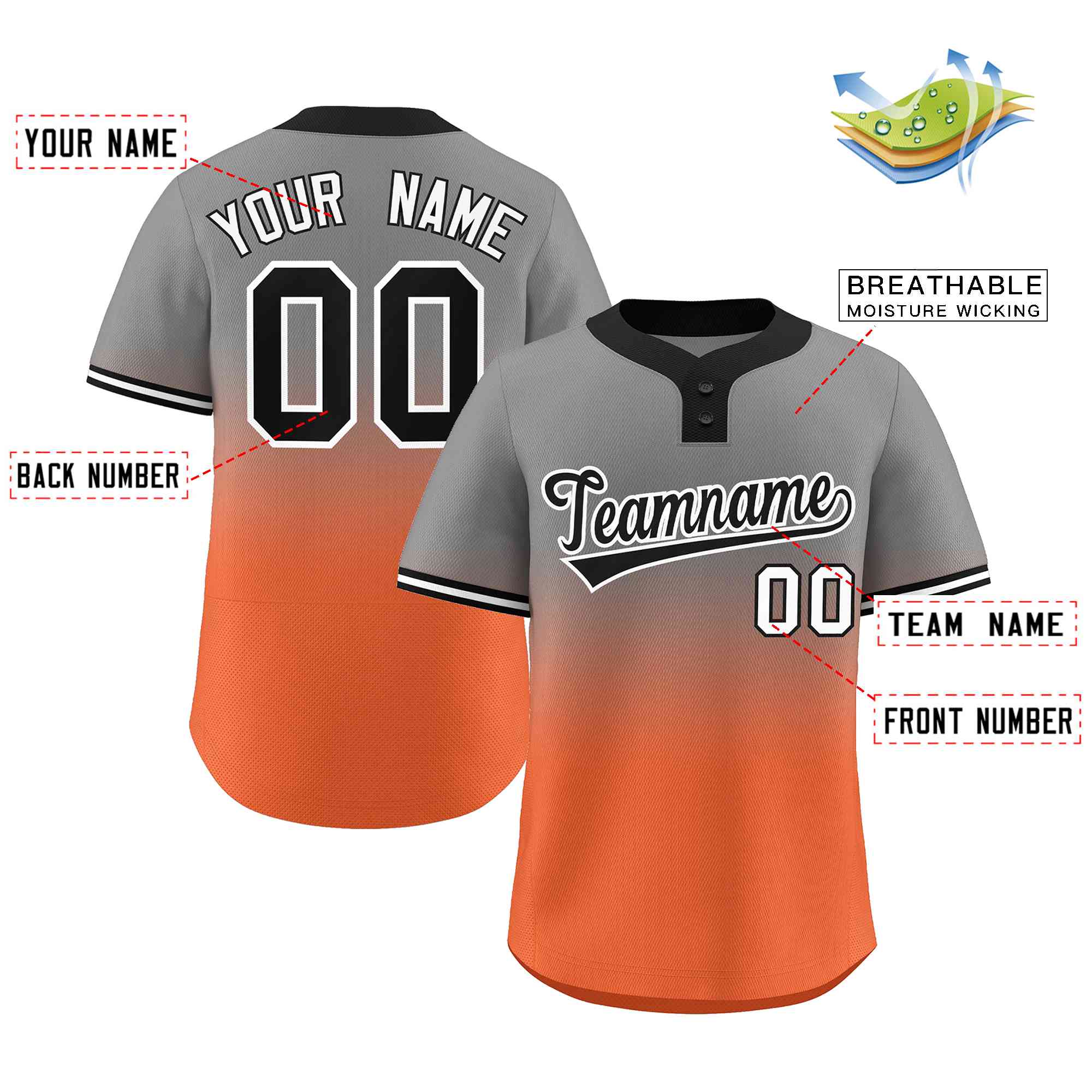 Maillot de baseball personnalisé à deux boutons, gris, Orange, noir et blanc, dégradé, mode authentique