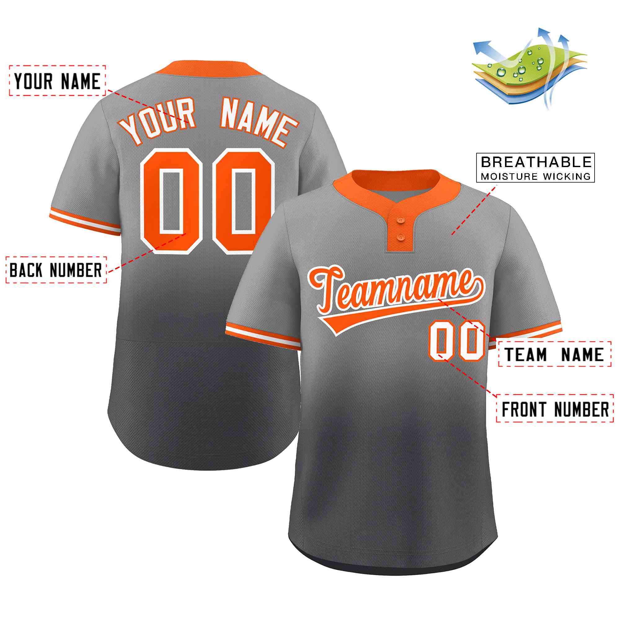 Maillot de Baseball personnalisé à deux boutons, personnalisé, gris foncé, Orange-blanc, dégradé, mode, authentique, à deux boutons