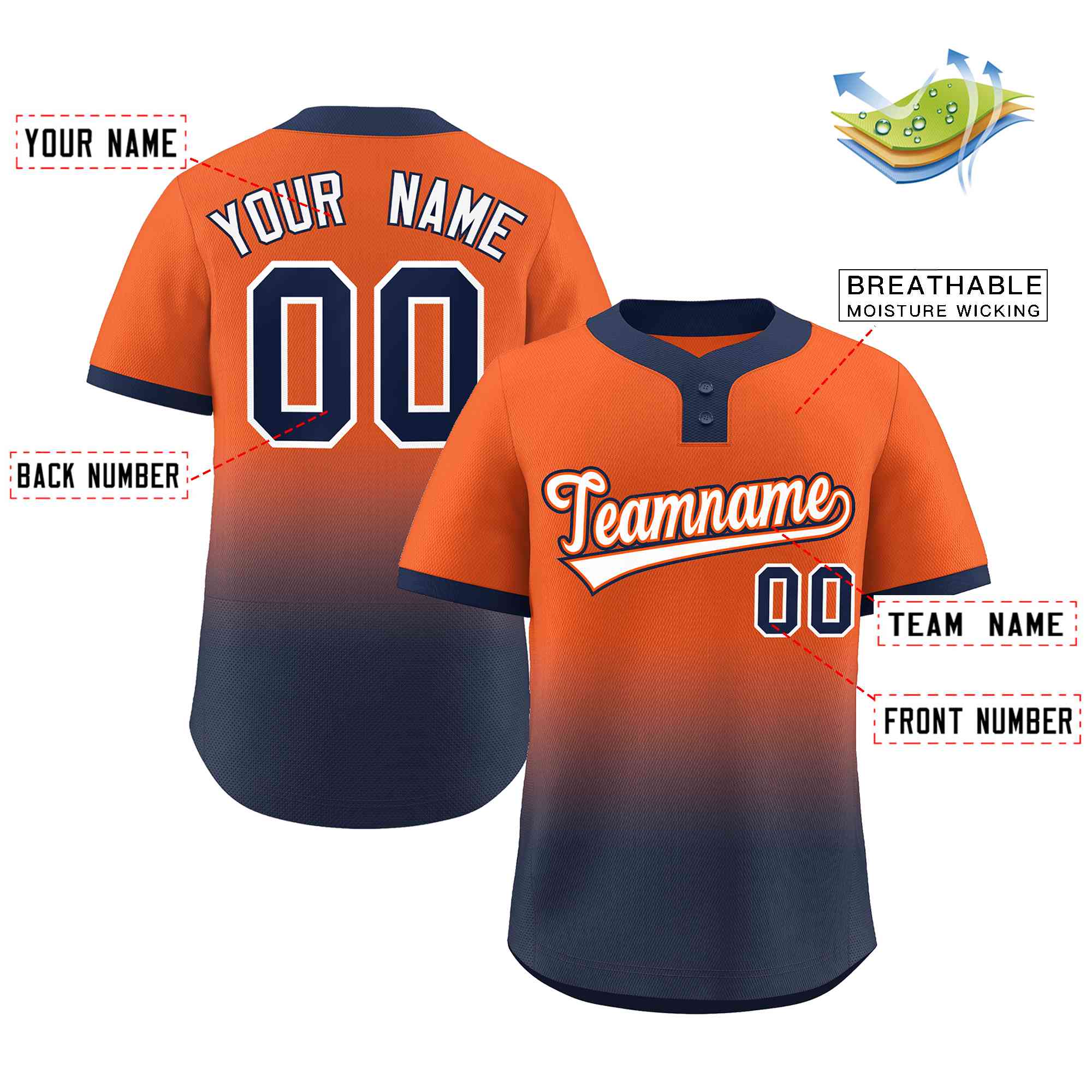 Custom Orange Navy White-Orange Gradient Fashion Authentic Two-Button Baseball Jersey