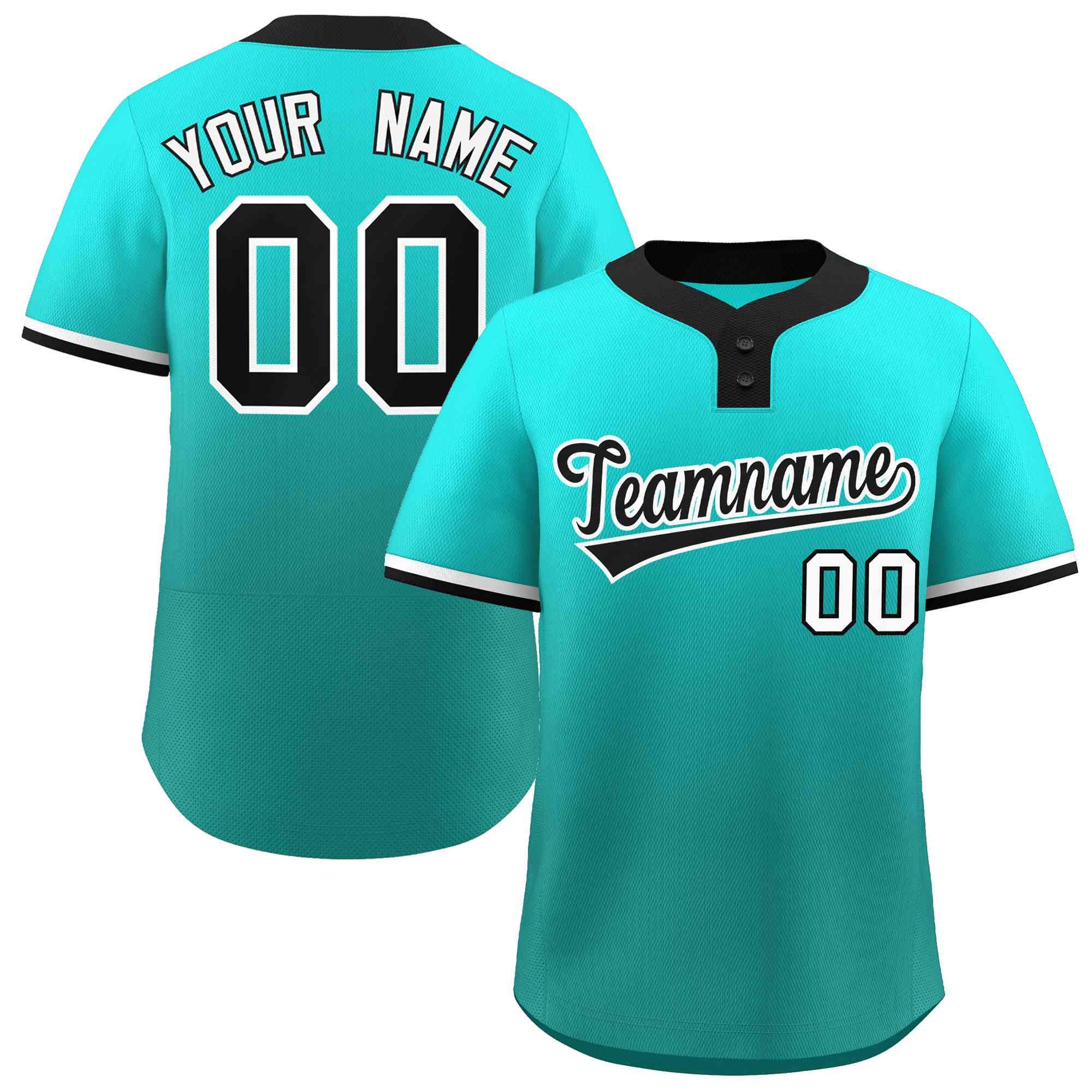 Maillot de baseball personnalisé à deux boutons, vert clair, Aqua, noir et blanc, dégradé, mode authentique